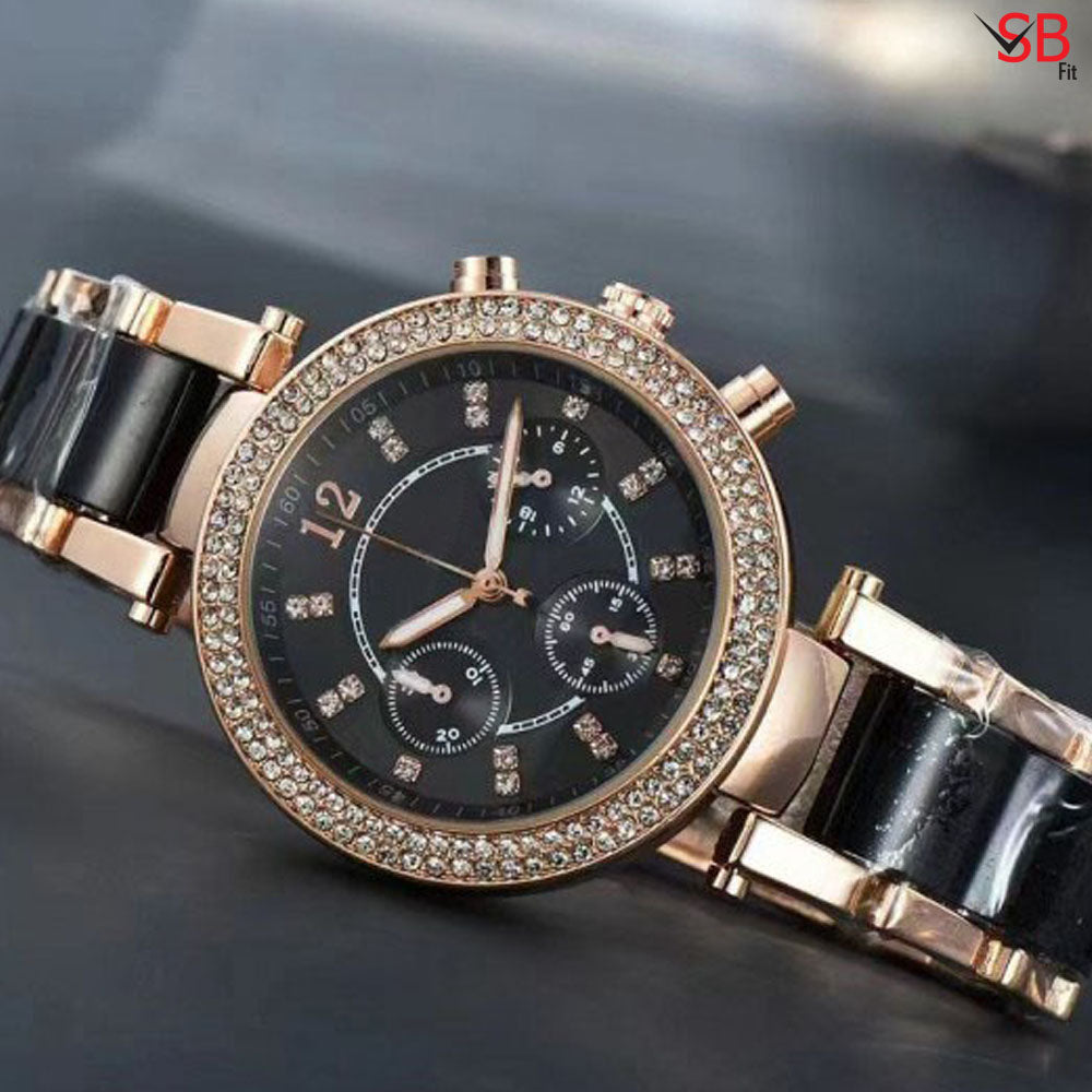 Stylish Rose Gold Double Stones Stainless Steel Watch For Women