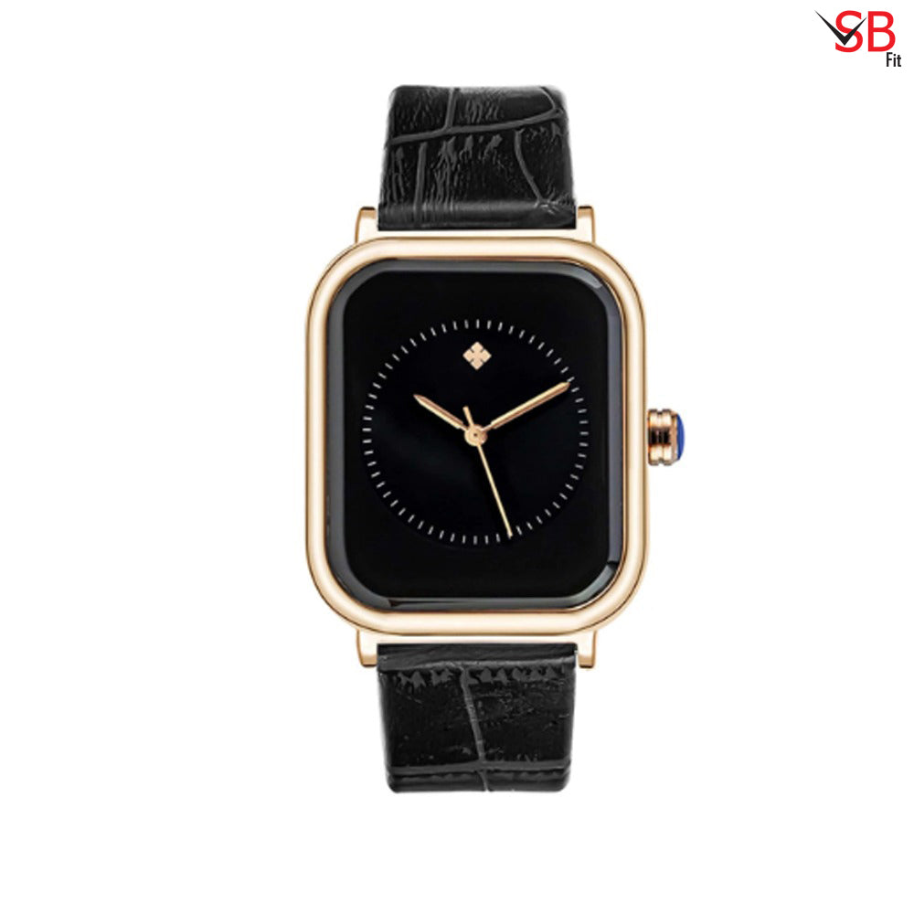 Stainless Steel Black Leather Strap Watch for Women by SB FIT®