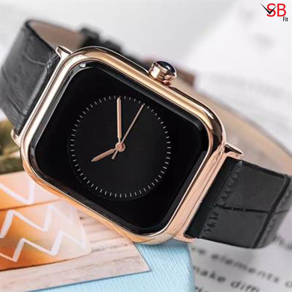 Stainless Steel Black Leather Strap Watch for Women by SB FIT®